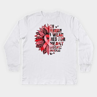 I Wear Red for Heart Disease Awareness Month Red Sunflower Kids Long Sleeve T-Shirt
